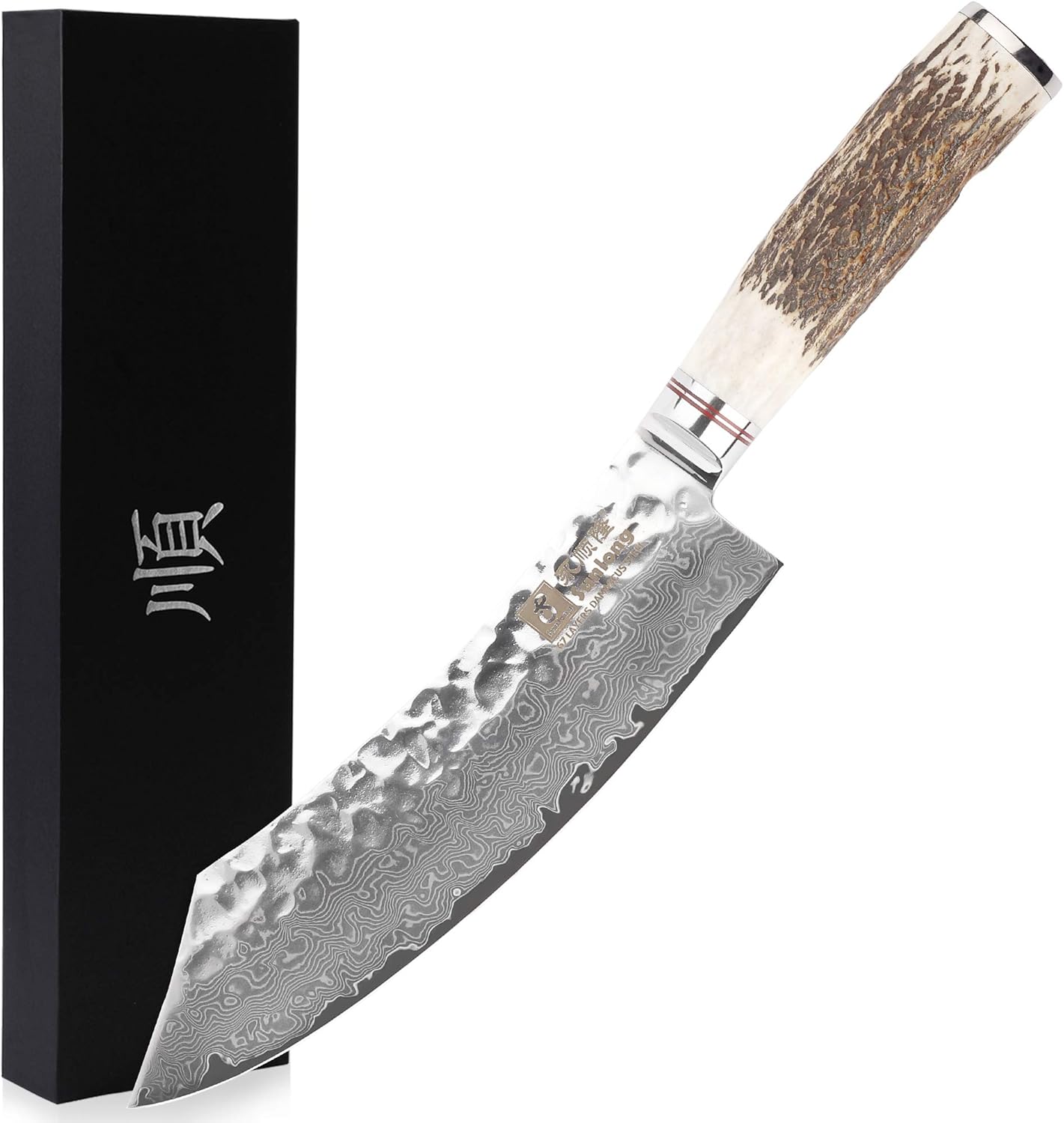 SUNLONG Usuba & Nakiri Knife 6.5 inch Fruit and Vegetable Knife Japanese Hammered Damascus Steel Super sharp - Natural Deer Horn Handle
