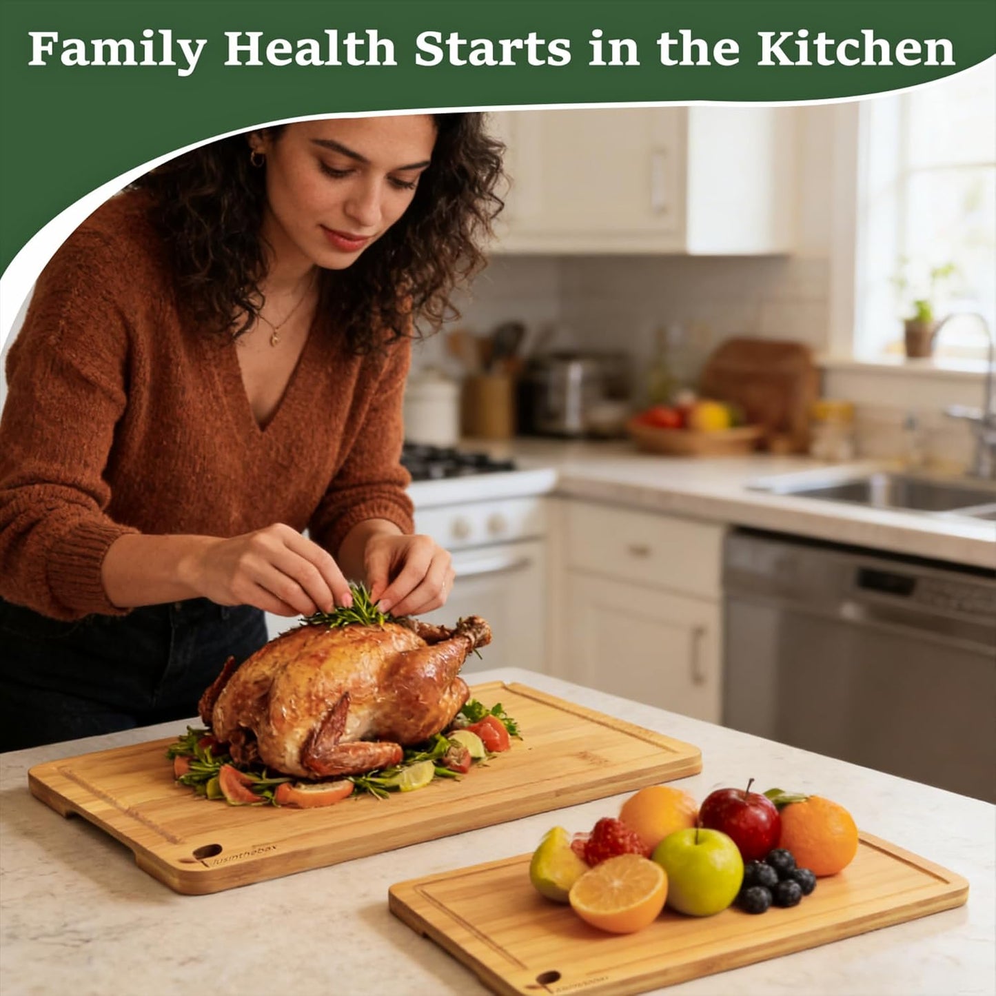 Cutting Boards for Kitchen, Bamboo Cutting Board Set of 3 with Storage Stand, Deep Carbonized Chopping Boards with Deep Juice Grooves and Side Handles for Meat, Vegetables, Fruit and Meal Prep