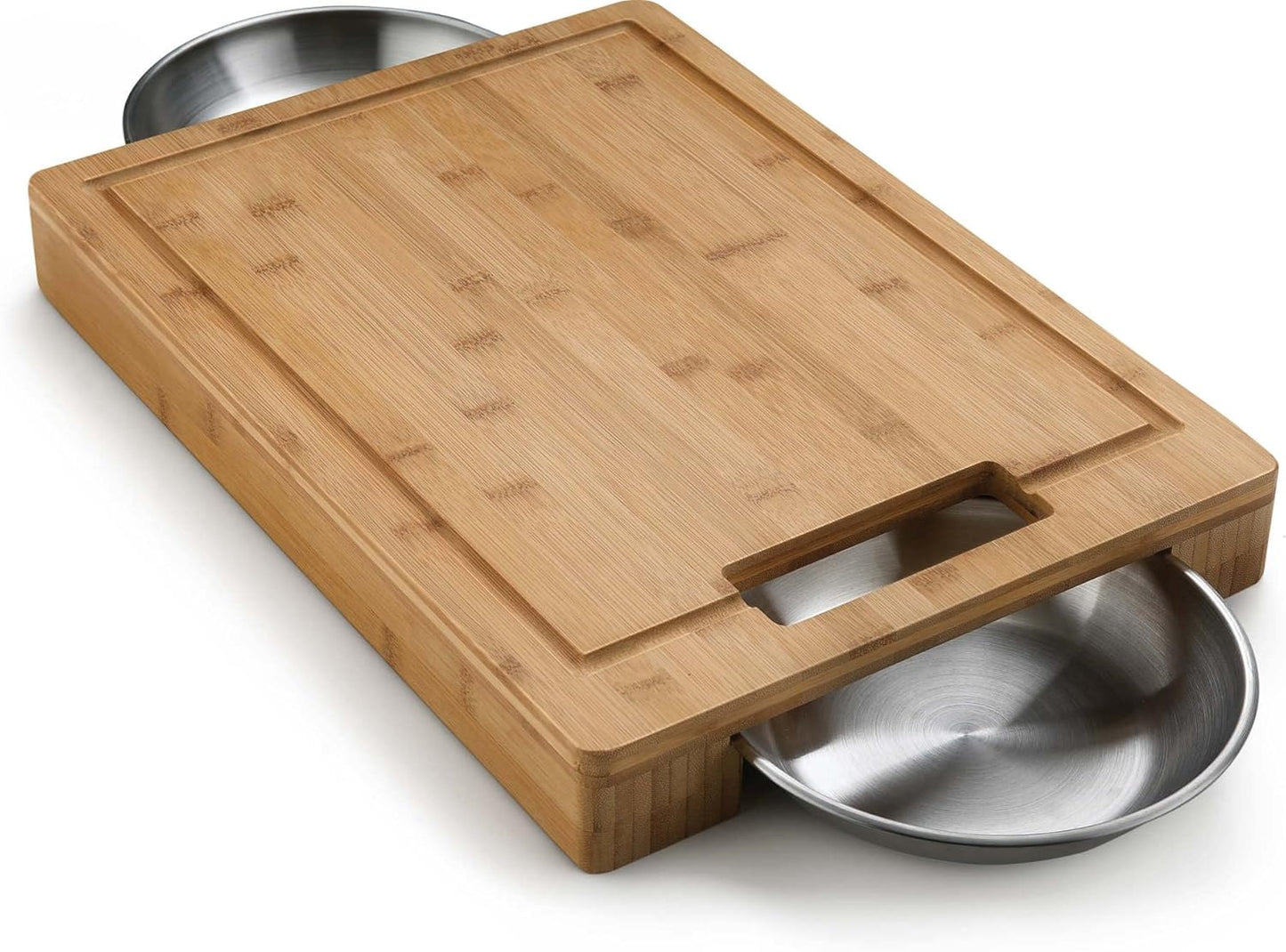 Napoleon PRO Bamboo Cutting Board with Stainless Steel Bowls 70012 Naturally Cutting Board with Two Stainless Steel Bowls, Chopping and Carving Meat