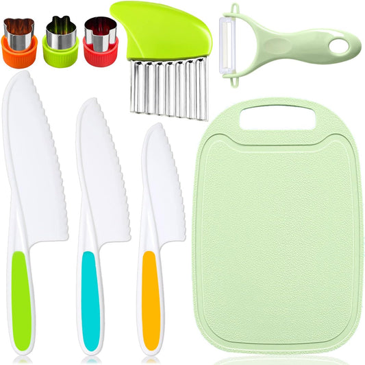 TAORISH 9 Pcs Kids Kitchen Knife Set, Kids Knives For Real Cooking With Cutting Board, Y Peeler, Crinkle Cutter, Sandwich Cutter, Serrated Edges Plastic Toddler Knife Kid Safe Knives