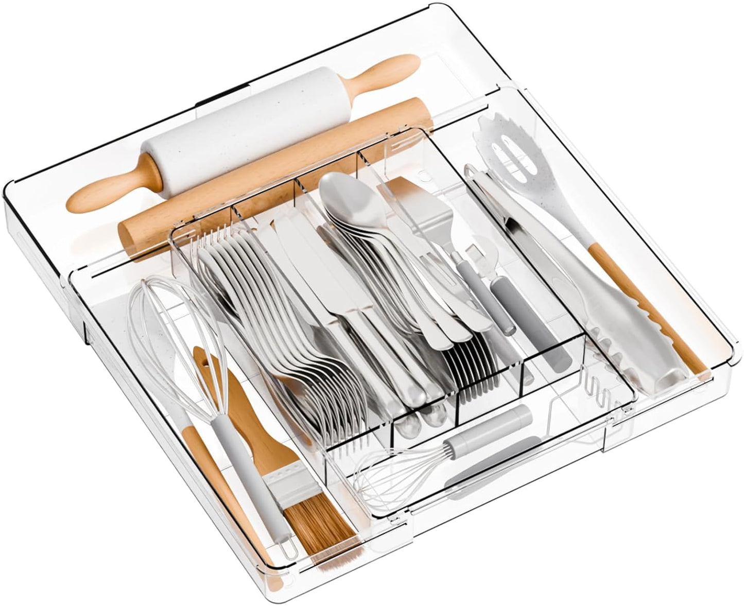 Yieach Clear Large Expandable Silverware Organizer and Kitchen Utensil Drawer Organizer,Plastic Adjustable Silverware Tray for Drawer Cutlery,Spatula,Tools,Flatware Organizers,Fork and Spoon Holder