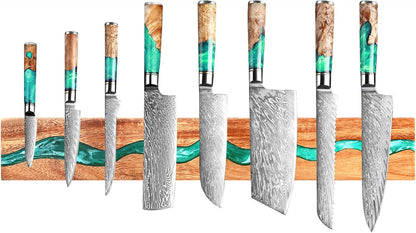 Magnetic Knife Holder, 15.7 Inch Walnut Wood and Resin Magnetic Knife Bar for Wall, Heavy Duty Magnet Holds 8 Knives, Handcrafted Ocean Blue (Ocean's Embrace)