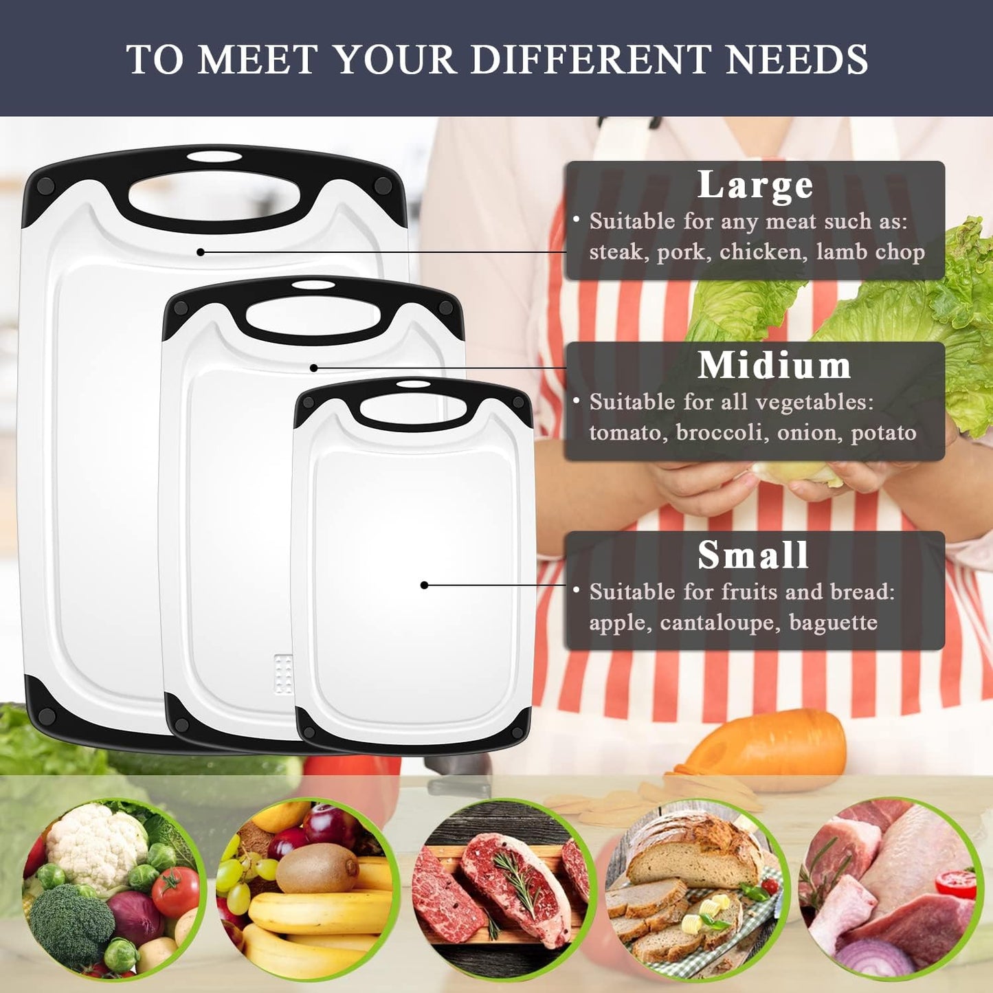 Viretang Plastic Cutting Boards Set of 3 for Kitchen, Thick Chopping Board with Deep Juice Grooves, Non‑Slip Feet, Easy Grip Handle, BPA Free, Dishwasher Safe,Black