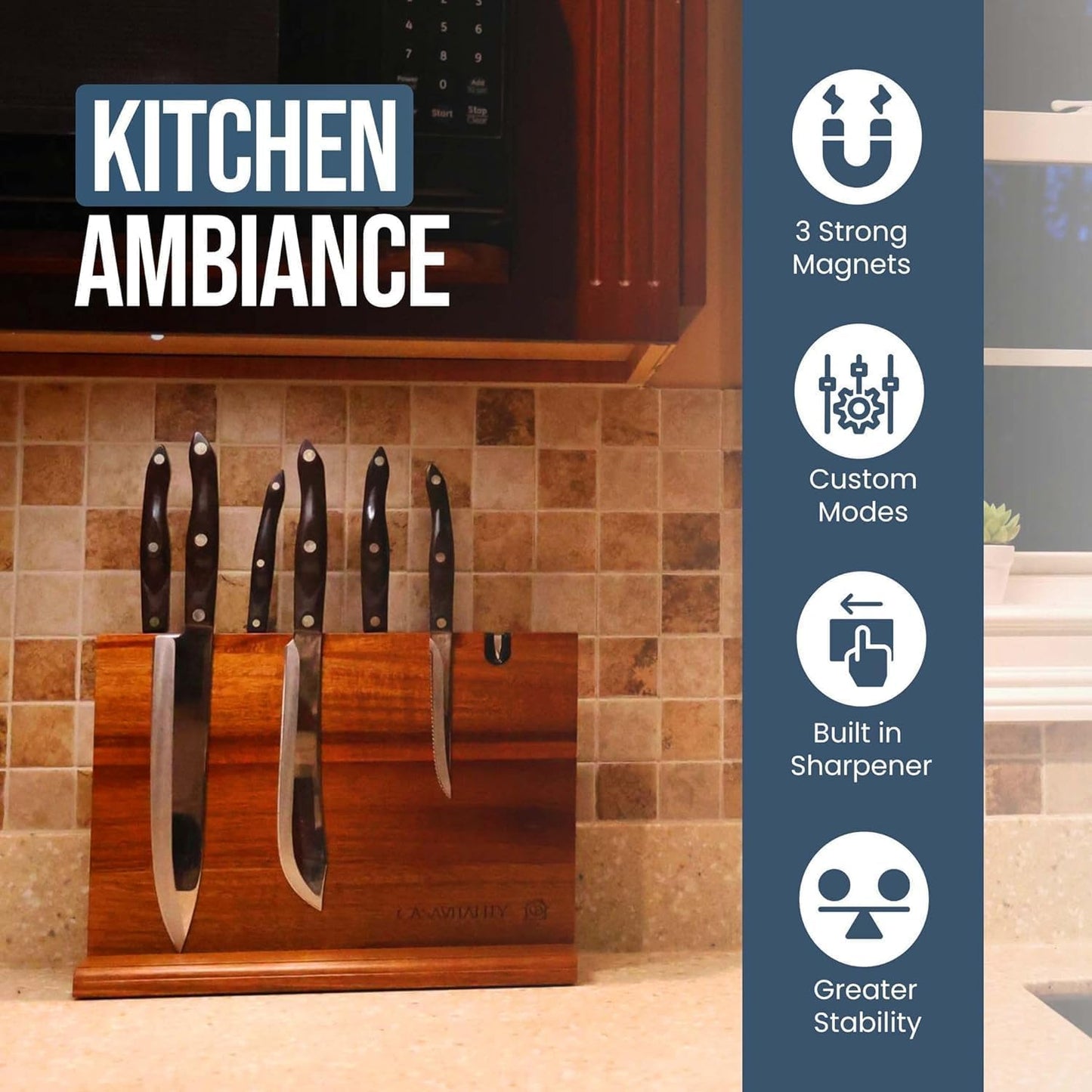 Acacia Wood Magnetic Knife Holder 14x10" – Double-Sided Knife Holder with Strong Magnet & Built-In Sharpener – Space-Saving Magnetic Knife Block Gift for Home Kitchens & Cooking Lovers