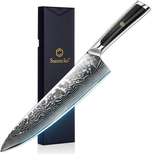 Sunnecko 8 Inch Japanese Damascus Chef Knife - Ultra Sharp 10-12 Degree Edge VG10 67 Layers Kitchen Cooking Knives for Meat, Vegetable & Fruit, Full Tang Forged Blade, Premium Father Day Gift Box