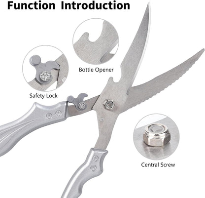 10.7" Professional Poultry Shears — Silver Stainless Steel Wavy Serrated + Grooved Dual-Blade Design, Safety Lock & 5-Finger Ergonomic Handle — Heavy-Duty Bone-Cutting Scissors