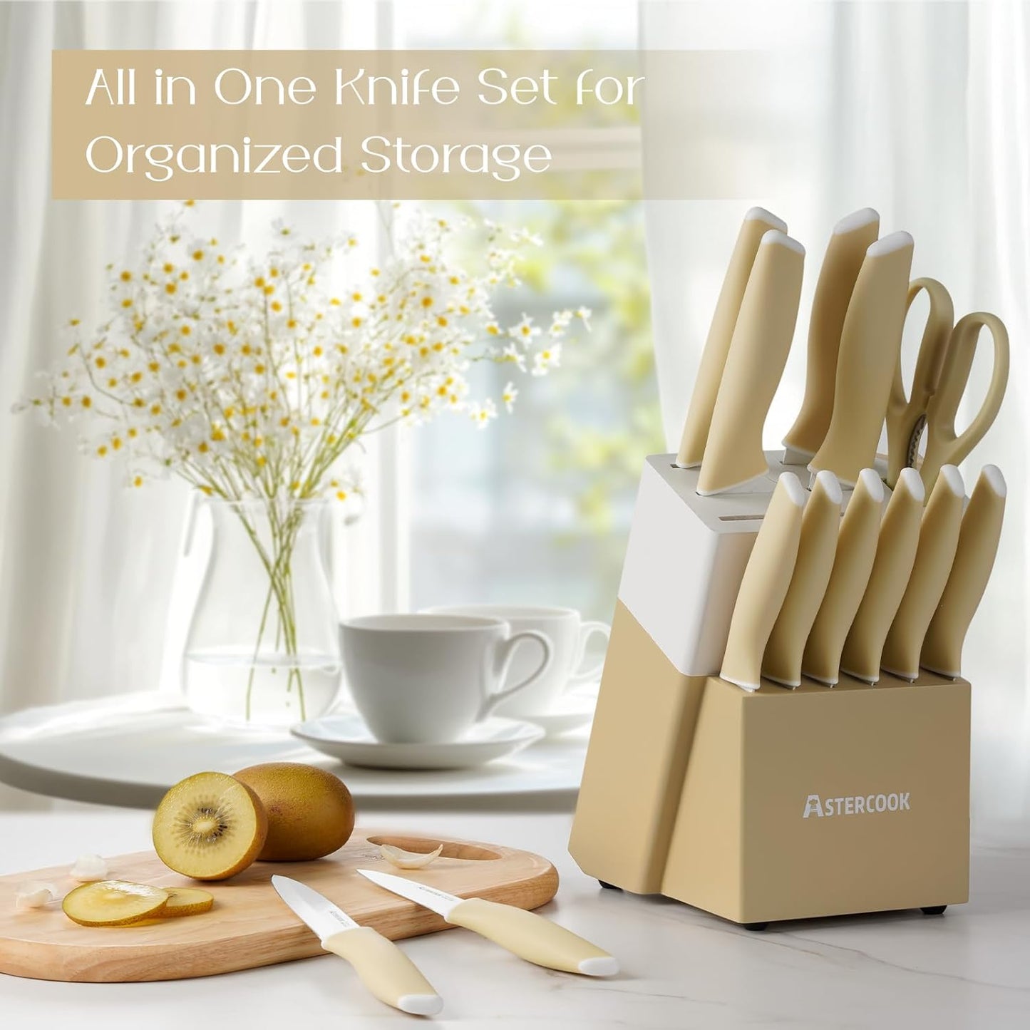Astercook Knife Set, Kitchen Knives Set with Block and Sharpener 15 Pcs German Stainless Steel Knives Sharp Blade Dishwasher Safe Deba Knives with Ergonomic Handle, Crystal Pink