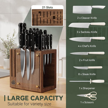Magnetic Knife Block with Glass Cover, Universal Walnut Wood Knife Holder without Knives for Safe Knife Storage, Large Capacity Knife Storage Organizer for Kitchen Counter Top
