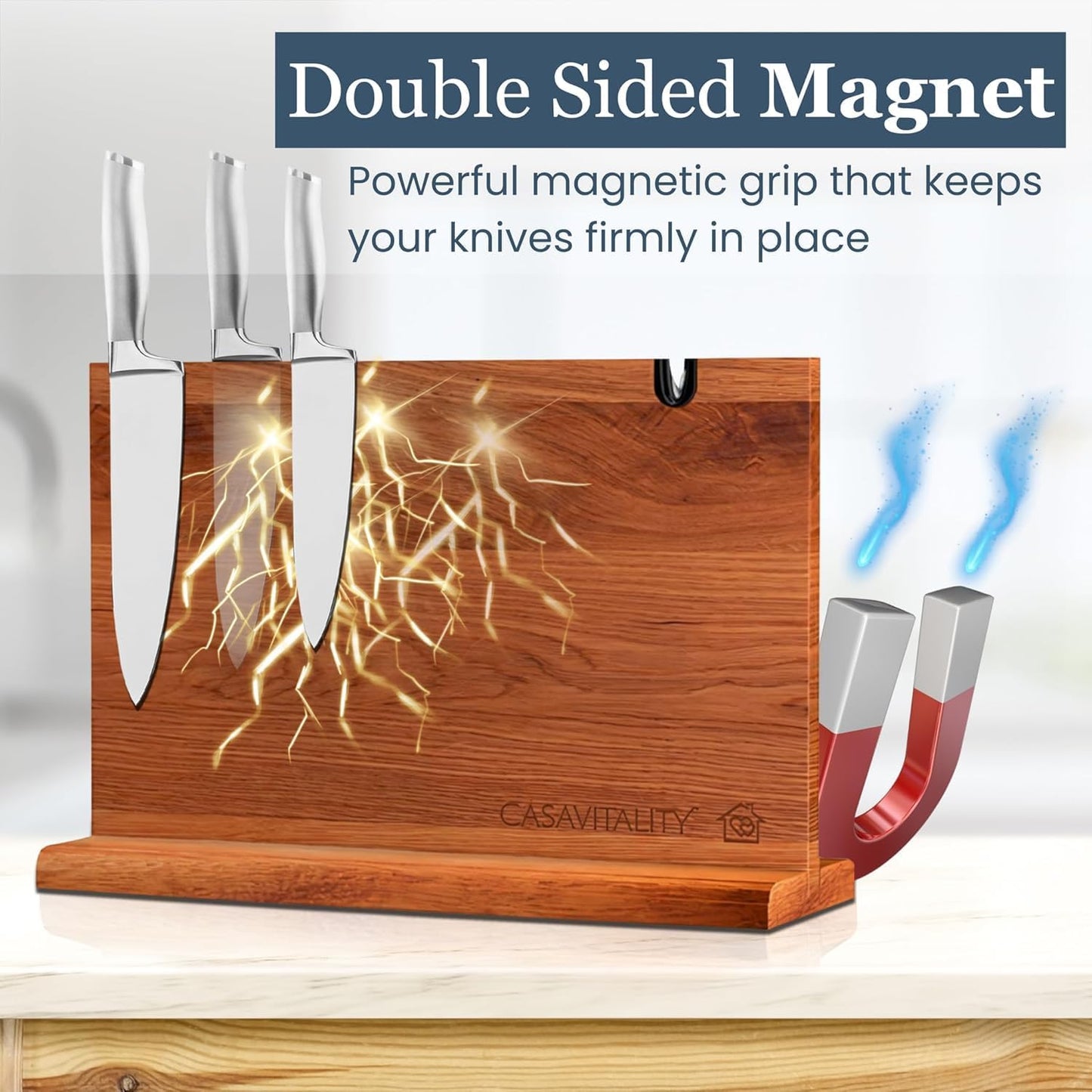 Acacia Wood Magnetic Knife Holder 14x10" – Double-Sided Knife Holder with Strong Magnet & Built-In Sharpener – Space-Saving Magnetic Knife Block Gift for Home Kitchens & Cooking Lovers