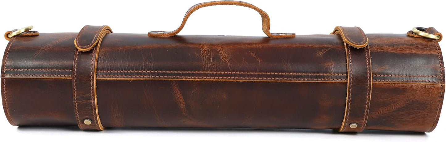Chef Knife Roll | Genuine Buffalo Leather Knife Roll Case | Portable Travel Storage for Knives & Accessories | 11 Pocket Canvas Chef Knife Bag | Durable & Secure Knife Carrier (Brown)