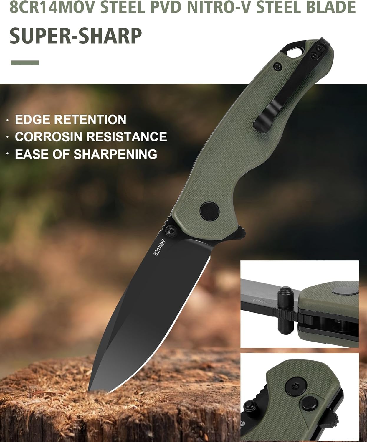Pocket Folding Knife(EDC)- With 2.99” 8Cr14MoV Steel Blade and G10 Handle,- Lightweight Folding knives with Clip for Camping, Hiking, Hunting Survival Multi-Knife (Green)