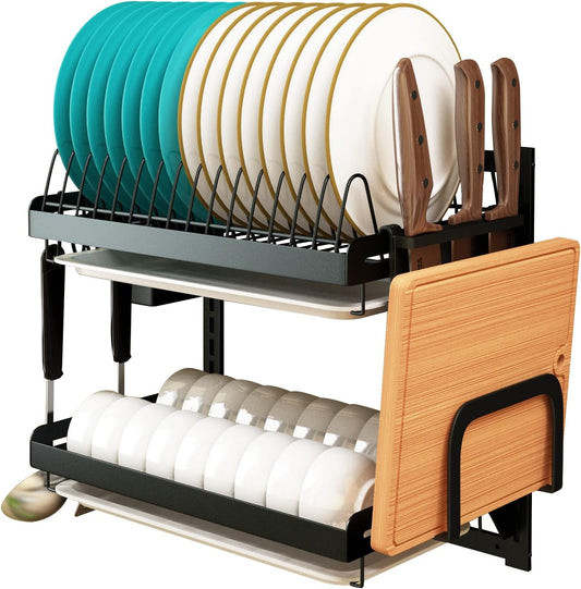 Wall Mounted Stainless Steel Dish Drying Rack Fruit Vegetable Storage Basket with Drainboard and Hanging Chopsticks Cage Knife Holder Kitchen Supplies Shelf Utensils Organizer (3-Tier)