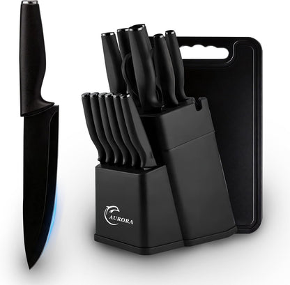 Knife Set, 15 Piece Knife Block Set with Built-in Sharpener, Dishwasher Safe, Rust Resistant, Ergonomic Handle, Stainless Steel White