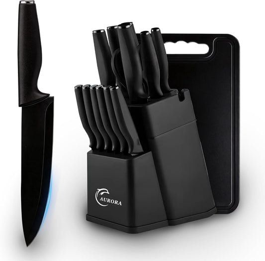 Knife Set, 15 Piece Knife Block Set with Built-in Sharpener, Dishwasher Safe, Rust Resistant, Ergonomic Handle, Stainless Steel White