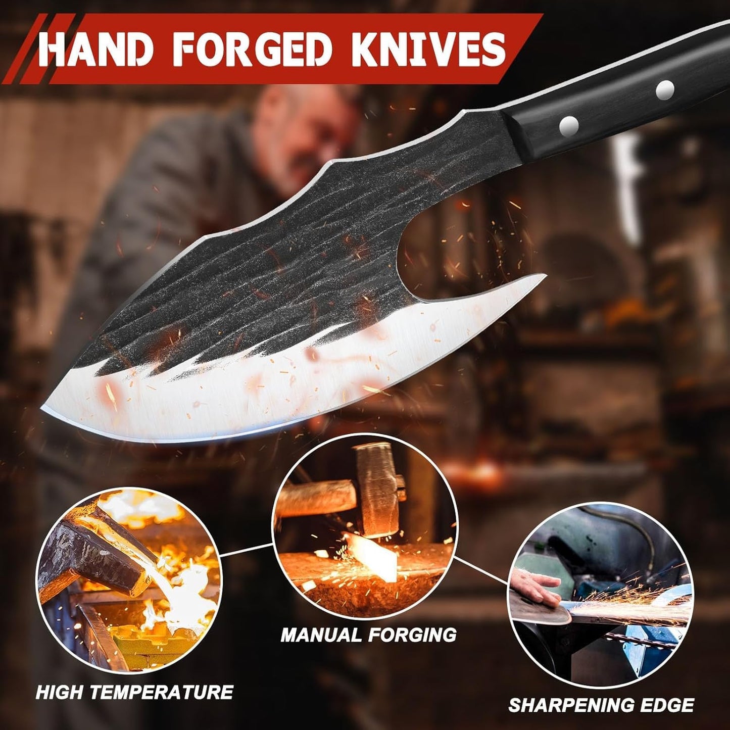 Huusk Chef Knife - Upgraded Viking Hand Forged Meat Cleaver With Sheath - Japanese Butcher Curved Boning Knife for Cutting, Cooking, Kitchen, Outdoor Camping, and BBQ, Gifts for Men Women