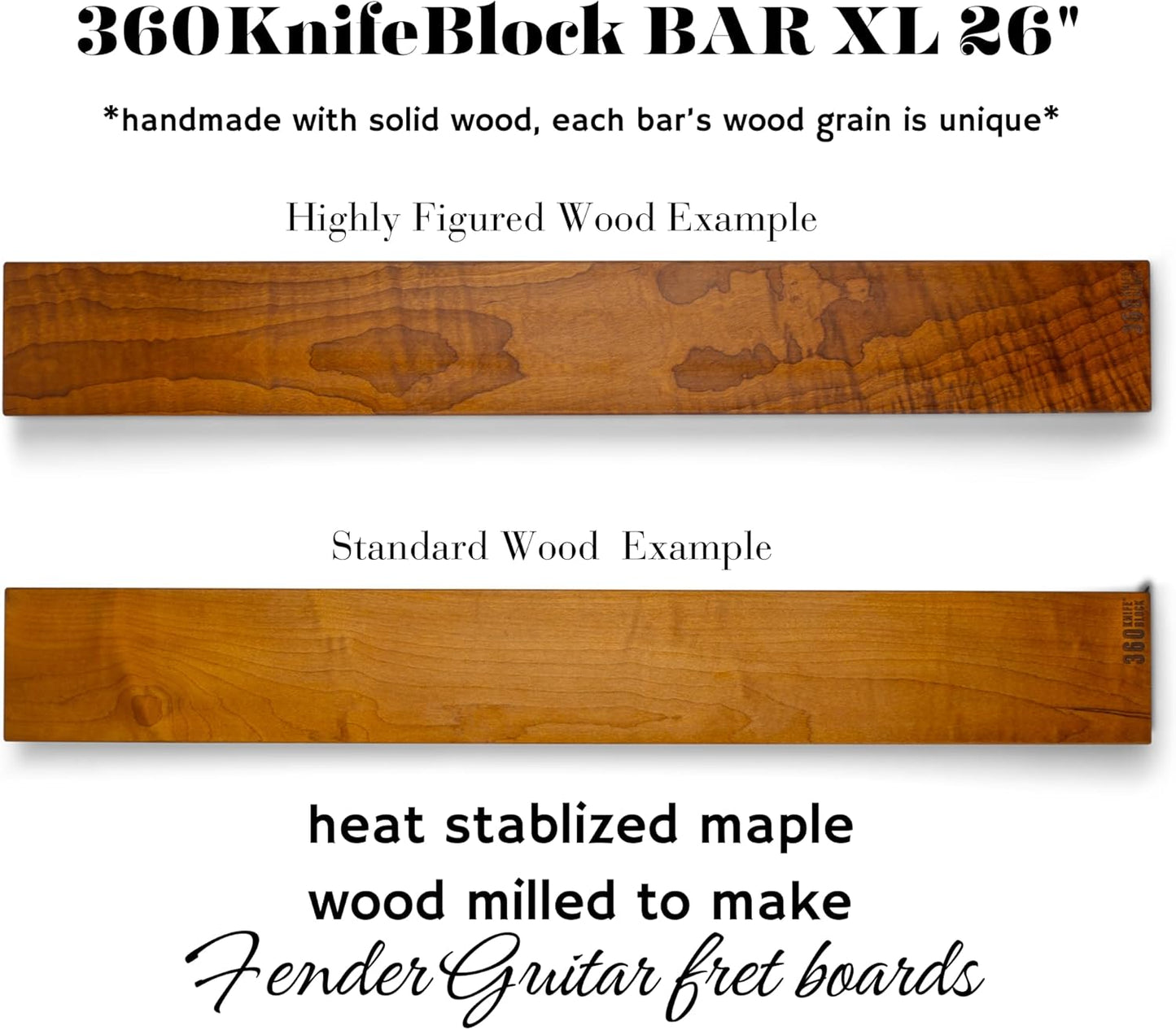 360KnifeBlock magnetic knife BAR - Guitar Wood - 2 Rows of Magnets, 'magic floating backer' w/level system, 2"screws - handmade in Washington (Guitar wood, 18" wide)