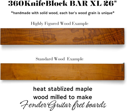 360KnifeBlock magnetic knife BAR - Guitar Wood - 2 Rows of Magnets, 'magic floating backer' w/level system, 2"screws - handmade in Washington (Guitar wood, 18" wide)