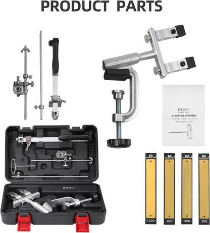 RX-009 Professional Knife Sharpener, Knife Sharpening Kit with 4 Whetstones, 360° Rotation Flip Design, Fixed Angle Stainless Steel Kitchen Chef Knife Sharpening Tool Kit