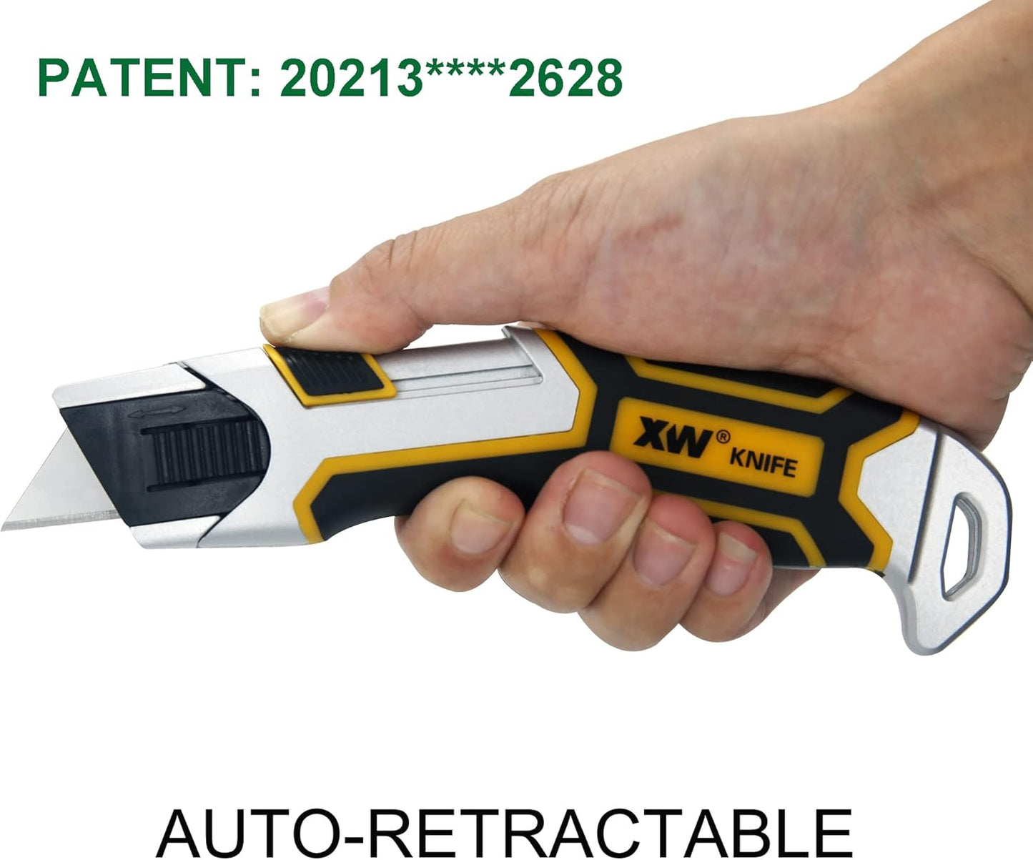 XW Auto-Retractable Safety Utility Knife, Box Cutter of Quick Blade Change, 4 Spare Blades Storage in Handle