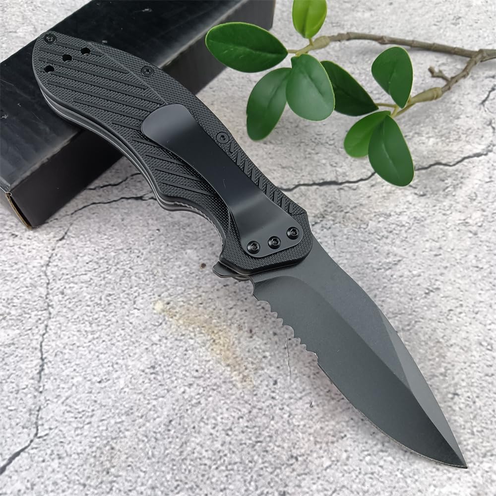 Generic Clash Black Serrated Pocket Folding knife, 3"" 8Cr13MoV Steel Drop Point Blade, Assisted One-Handed Flipper Opening, Utility EDC for Outdoor Camping Survival