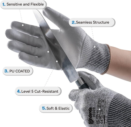 ANDANDA Cut Resistant Gloves Level 5, PU Coated Work Gloves with Power Grip for Dry & Slightly Oily Environment, Garden,