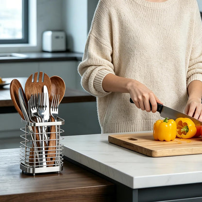 Utensil Holder, Stainless Steel Utensil Drying Rack for Kitchen Counter, Silverware Cutlery Flatware Holder Forks, Knives, Spoons, Chopsticks Organizer (Silver)