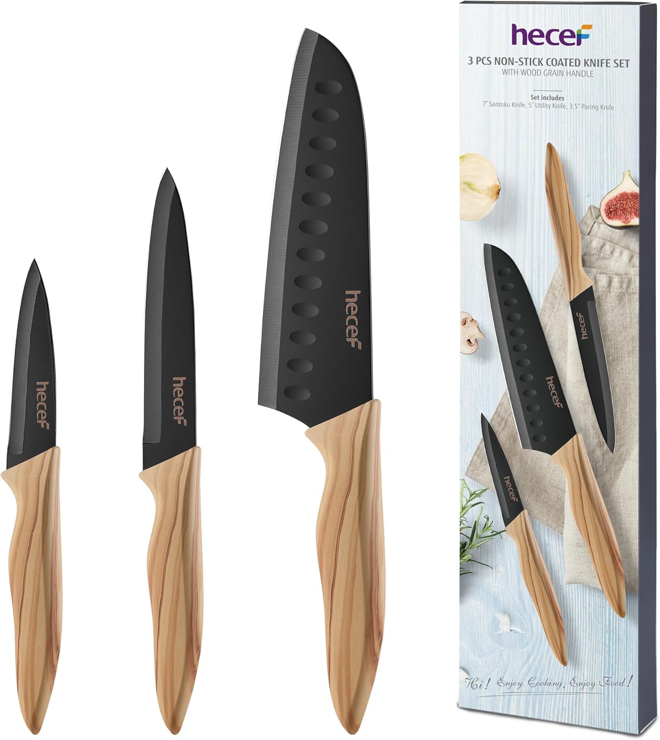 hecef Knife Set of 3, Stainless Steel Blade with Non-stick Coating, Sharp Kitchen Knives Includes Santoku, Utility, Paring Knives