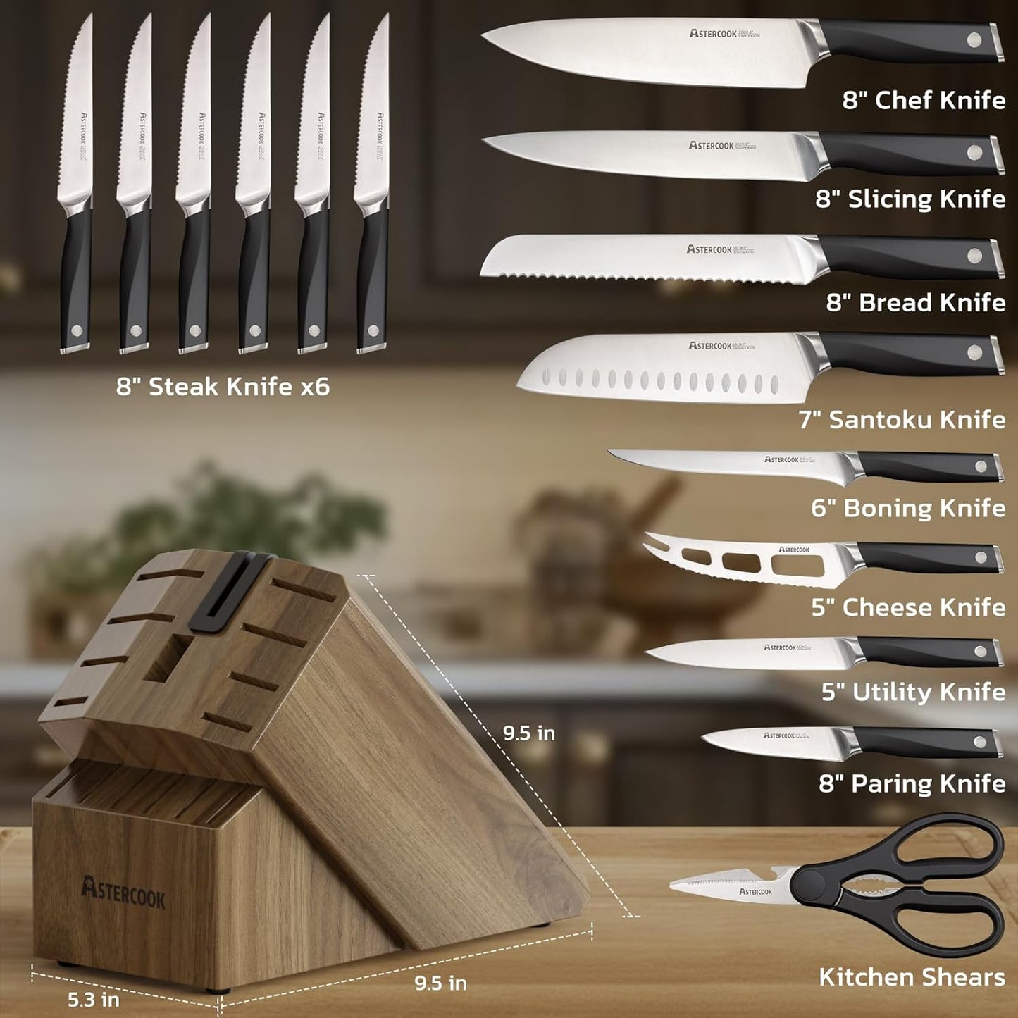 Astercook Knife Set, Kitchen Knives Set with Block and Sharpener Full Tang 17 Pcs German Stainless Steel Knives Sharp Blade Dishwasher Safe Premium Knife Set, Black Mothers Day Gifts for Women