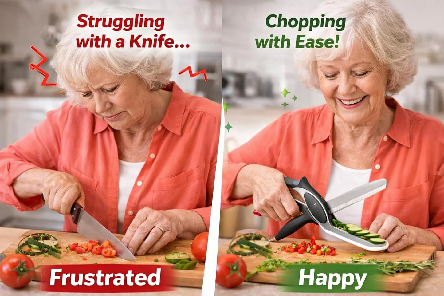 2 in 1 Kitchen Scissors for Food – Stainless Steel Blade & Plastic Cutting Board Scissors with Safety Lock | 9.6" Tomato Knife, Fruit & Vegetable Cutter – Easy-to-Use Kitchen Shears for Meat, Cheese