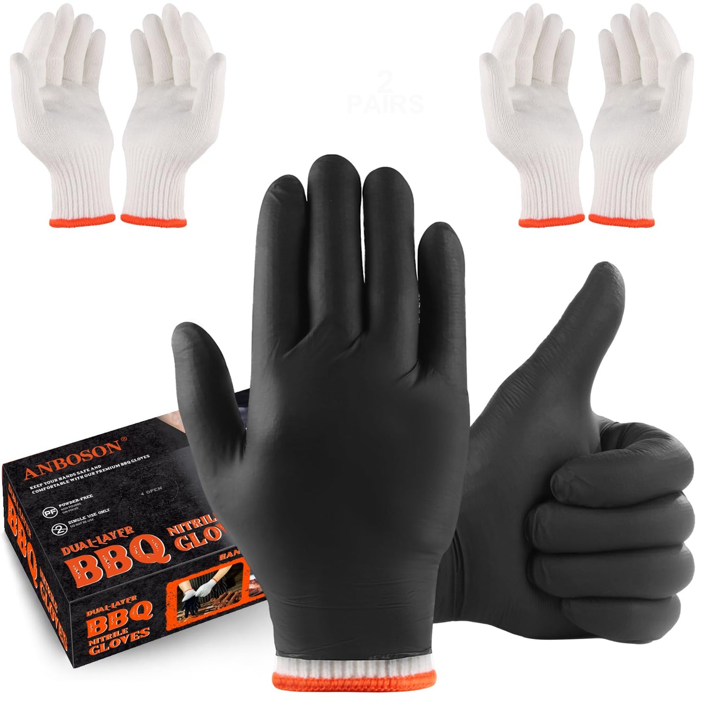 ANBOSON BBQ Gloves Disposable-Heat Resistant Cooking & Grilling Gloves Set (100 Black Nitrile, 4 Cotton Liners)-10Mil Heavy Duty Meat Handling Smoker Accessories for Hot Food Prep,Non-Slip Grip,Large