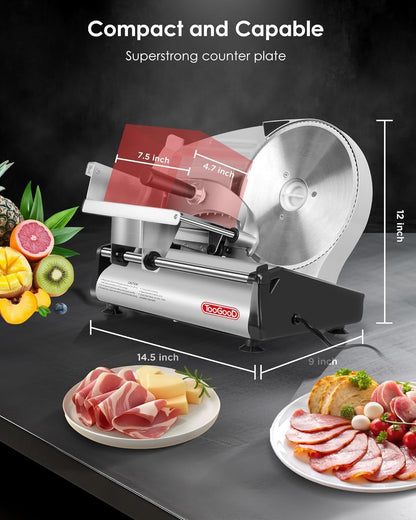TOOGOOD 7.5" Electric Meat Slicer, with Stainless Steel Blade, Adjustable Thickness Food Slicer Machine for Home Use, Cuts Meat, Ham, Hard Cheese and Deli (Black)