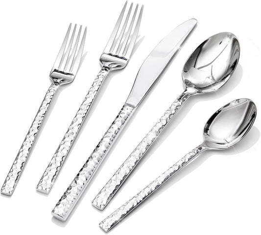 KINGSTONE 36 Piece Silverware Set with Steak Knives, Hammered Silverware Set for 6, 18/10 Stainless Steel Flatware, Cutlery Set for Home, Party, Wedding, Mirror Polished Dishwasher Safe