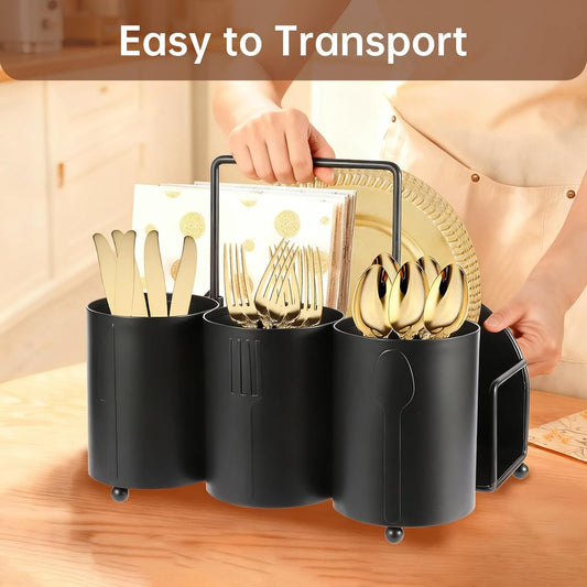NelyBet Utensil Caddy Silverware Holder Fork Spoon Napkin Paper Plate Organizer Metal Utensil Holder Cutlery Flatware Organizers for Party Kitchen Countertop Camping Picnic - Black Mesh
