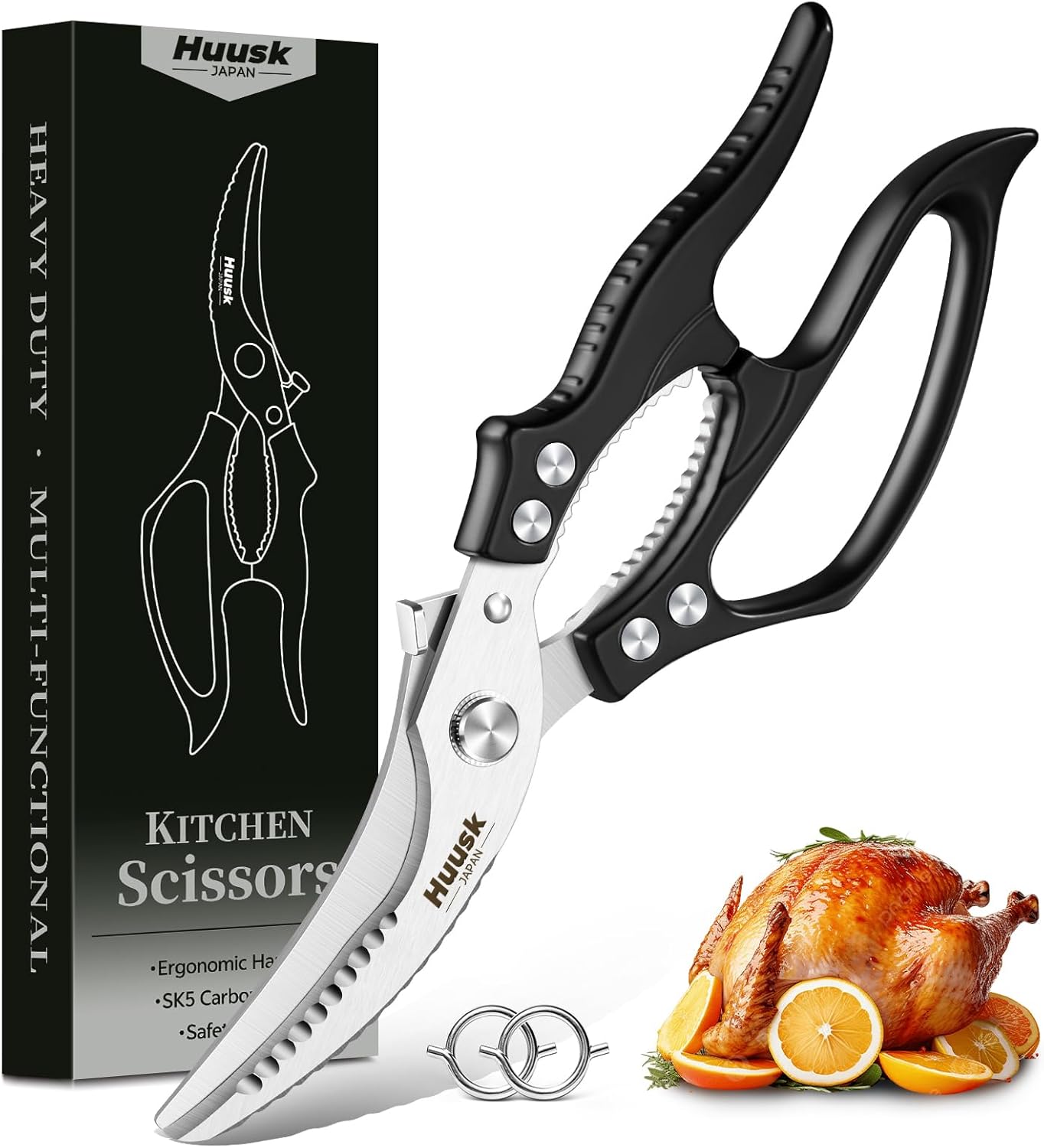 Huusk Poultry Shears Heavy Duty – All Purpose Japanese Kitchen Scissors for Chicken, Meat, Fish, Vegetables & Pizza with Ergonomic Non-Slip Red Handle, Gifts for Women Men