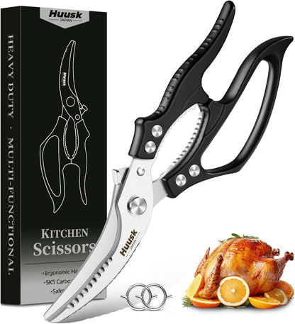 Huusk Poultry Shears Heavy Duty – All Purpose Japanese Kitchen Scissors for Chicken, Meat, Fish, Vegetables & Pizza with Ergonomic Non-Slip Red Handle, Gifts for Women Men