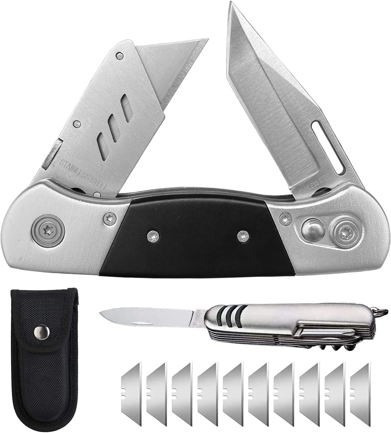 Folding Utility Knife with Sheath and 10 Razor Blades, Heavy Duty Box Cutter Knife with Dual Blades, Construction Knifes Electrician Knife for Carpet Cardboard Work, Pocket Knives Set Gift for Men