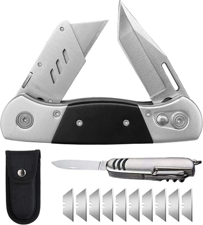 Folding Utility Knife with Sheath and 10 Razor Blades, Heavy Duty Box Cutter Knife with Dual Blades, Construction Knifes Electrician Knife for Carpet Cardboard Work, Pocket Knives Set Gift for Men