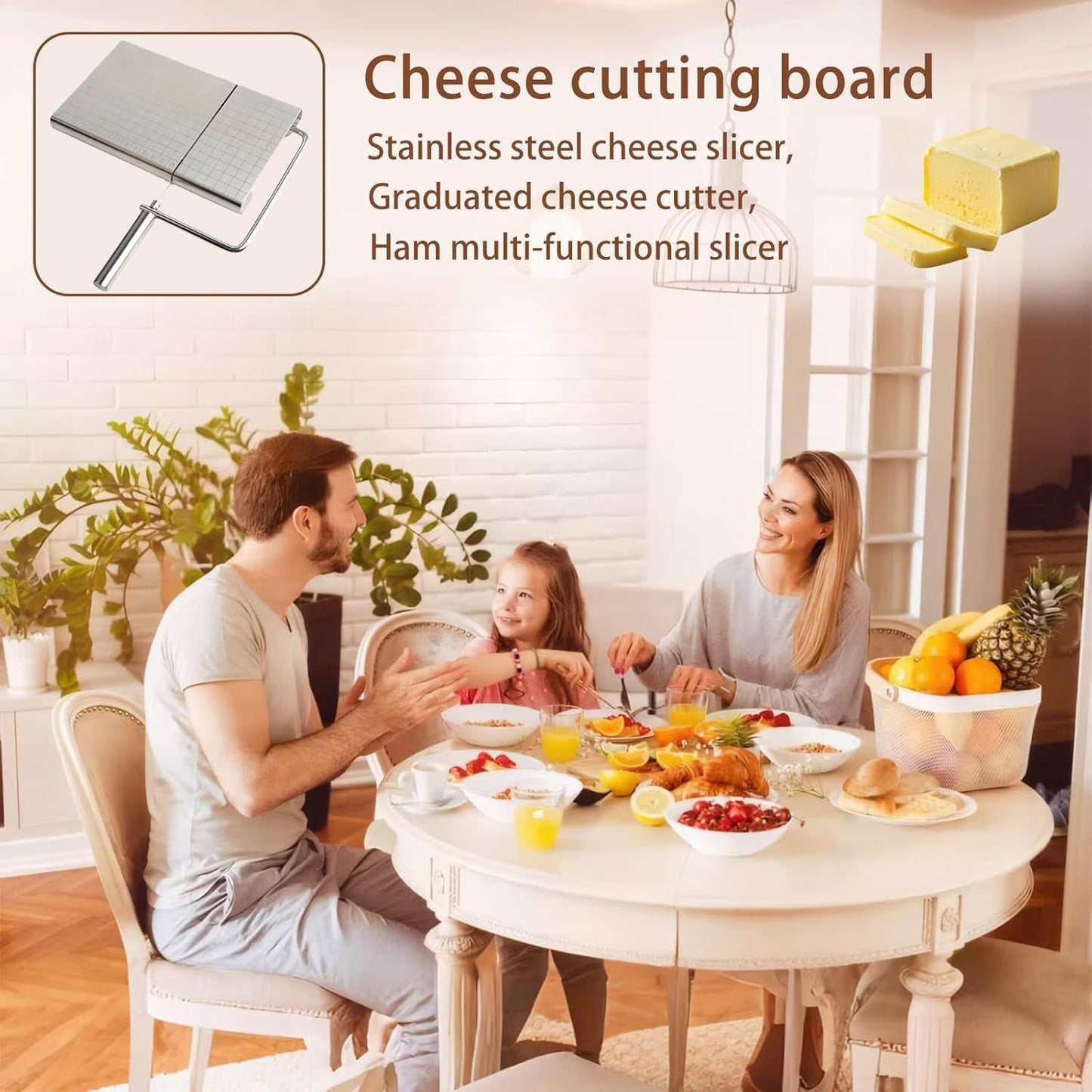 Cheese Slicer with Measuring Grids, Stainless Steel Metal Cheese Cutter and Cutting Board for Block Cheese, with 5 Replacement Extra Wires, Easy to Clean, Dishwasher Safe