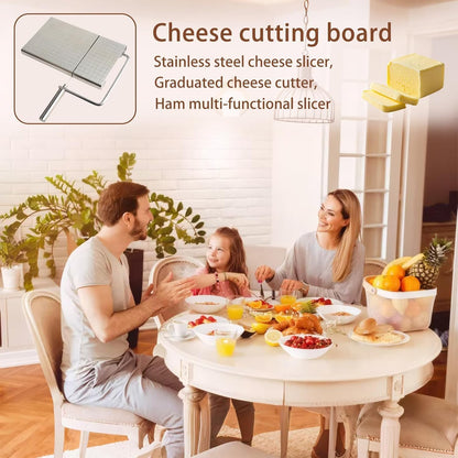 Cheese Slicer with Measuring Grids, Stainless Steel Metal Cheese Cutter and Cutting Board for Block Cheese, with 5 Replacement Extra Wires, Easy to Clean, Dishwasher Safe