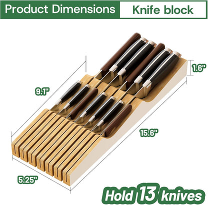 Knife Drawer Organizer Insert, Bamboo Wood Knife Holder, Knife Block Holds Up To 11 Knives