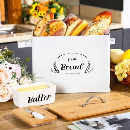 Qinyoung 2 Pcs Large Bread Box Set for Kitchen Countertop with Ceramic Butter Dish Holder Bamboo Lid Knife Metal Bread Holder Farmhouse Kitchen Storage Container for Home Housewarming Gift(Grey)