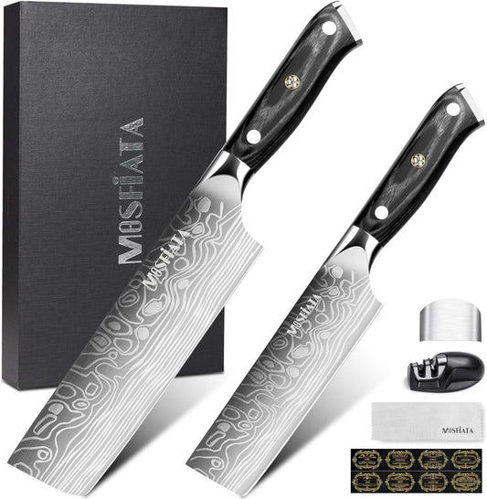 MOSFiATA Nakiri Kitchen Knife, 7”&5.5" Chef Knife Set, Ultra Sharp German Stainless Steel Cleaver Cooking Knife with Ergonomic Handle Gift Box