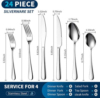 GPY Black Silverware Set, 24-Piece Stainless Steel Flatware Set Service for 4, Titanium Plated Black Eating Utensils, Modern Mirror Finish Cutlery for Kitchen & Home