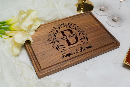 Personalized Wedding Gift Cutting Board for Couples, Custom Engraved Walnut, Cherry or Bamboo Wood Charcuterie Board, Anniversary & Housewarming, Real Estate Closing, Engagement & Bridal Shower Gift