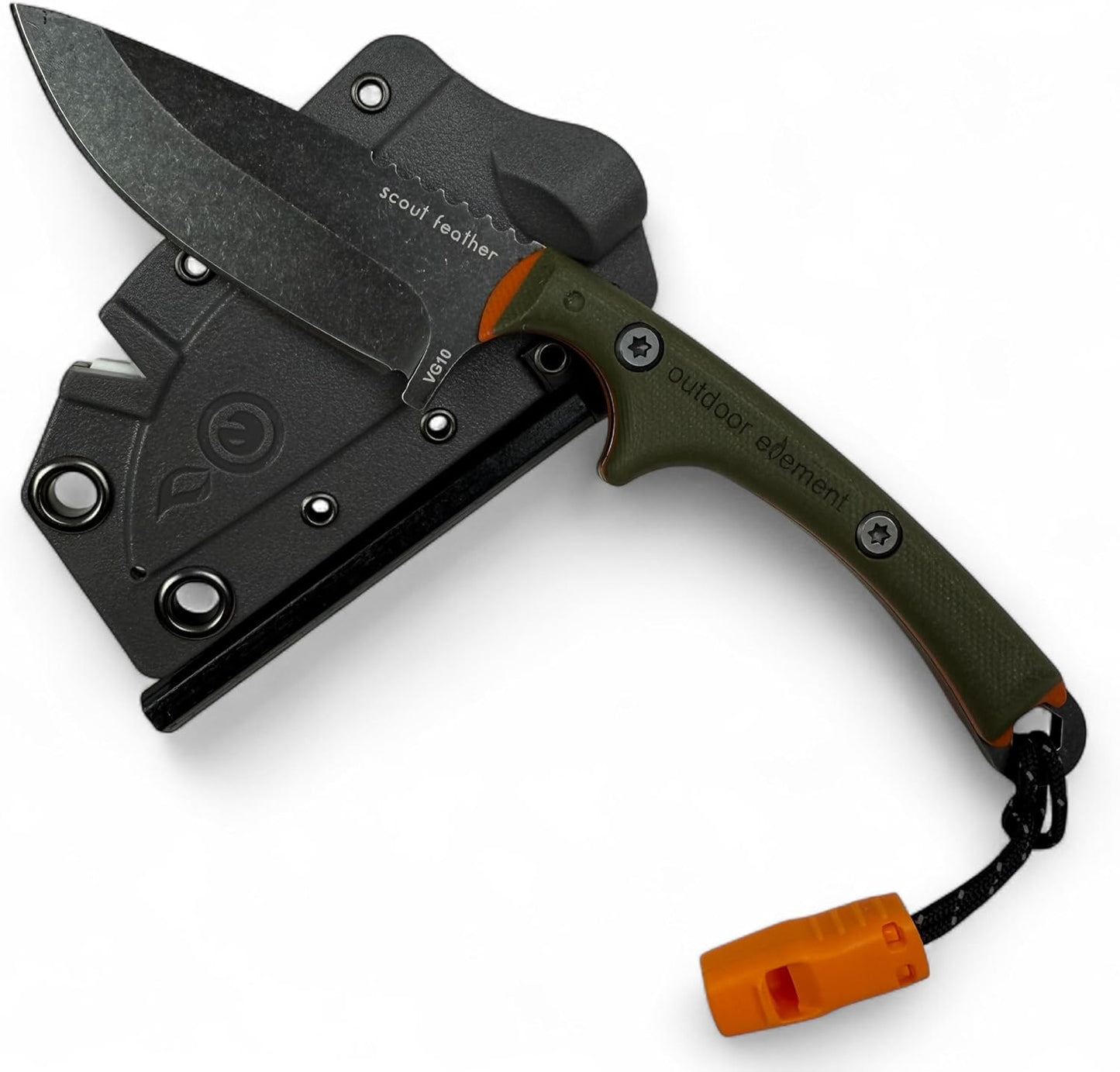 Scout Feather Glow - Fixed Blade Survival Knife with built-in Firestarter for Camping, Hunting, Outdoor Adventure and Culinary Need - VG10 Blade, Whistle, Knife Sharpener, Compact Sheath & G10 Handle