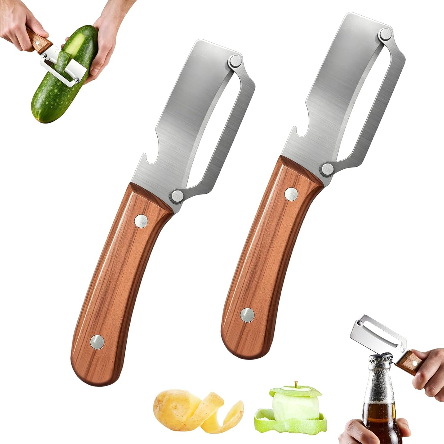 Multi-Functional Vegetable Peeler For Kitchen,2-In-1 Stainless Steel Veggie Peeler Knife With Wooden Handle And Bottle Opener,For Fruit Pumpkin Peeling Potato Carrot Veggie Peeler-2pcs
