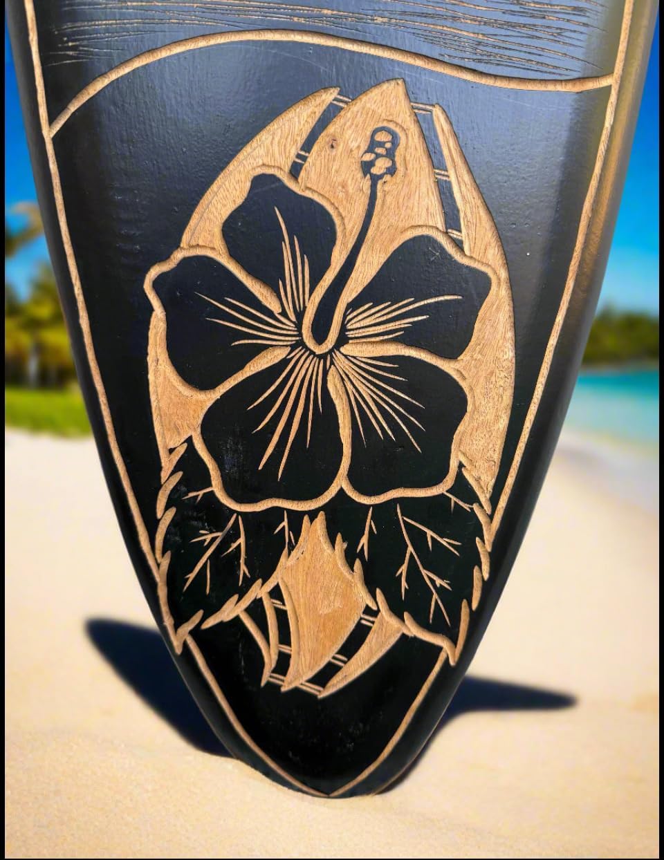 The Tiki Stop Hand Carved Wooden Surfboard Wall Plaque, Tropical Island Scene with Sea Turtle and Hibiscus, 39 x 10 inches