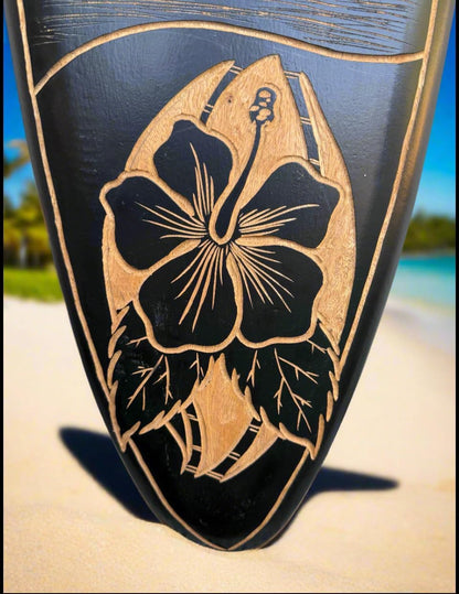 The Tiki Stop Hand Carved Wooden Surfboard Wall Plaque, Tropical Island Scene with Sea Turtle and Hibiscus, 39 x 10 inches