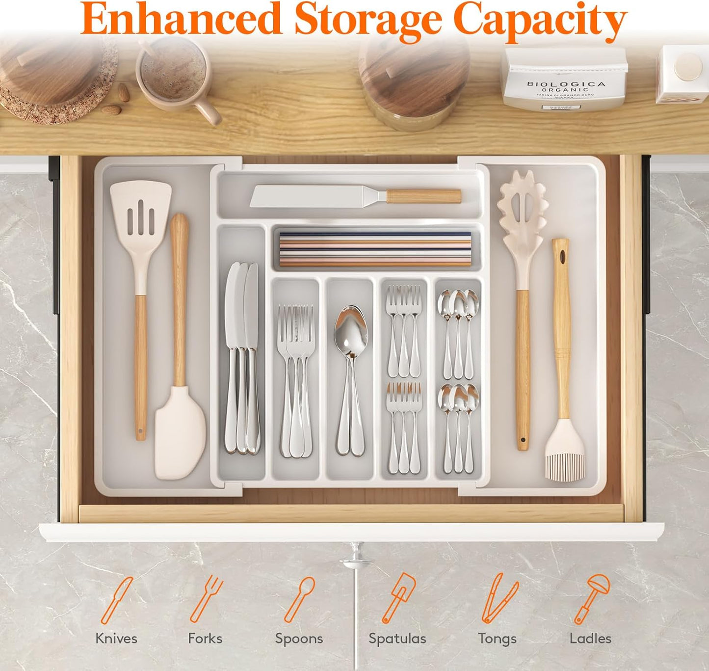 Lifewit Utensil Organizer for Kitchen Drawer, Expandable Cooking Silverware Tray, Adjustable Cutlery Flatware Holder, Plastic Spatula Tools Storage Divider, 14.4 x 15.8", Black
