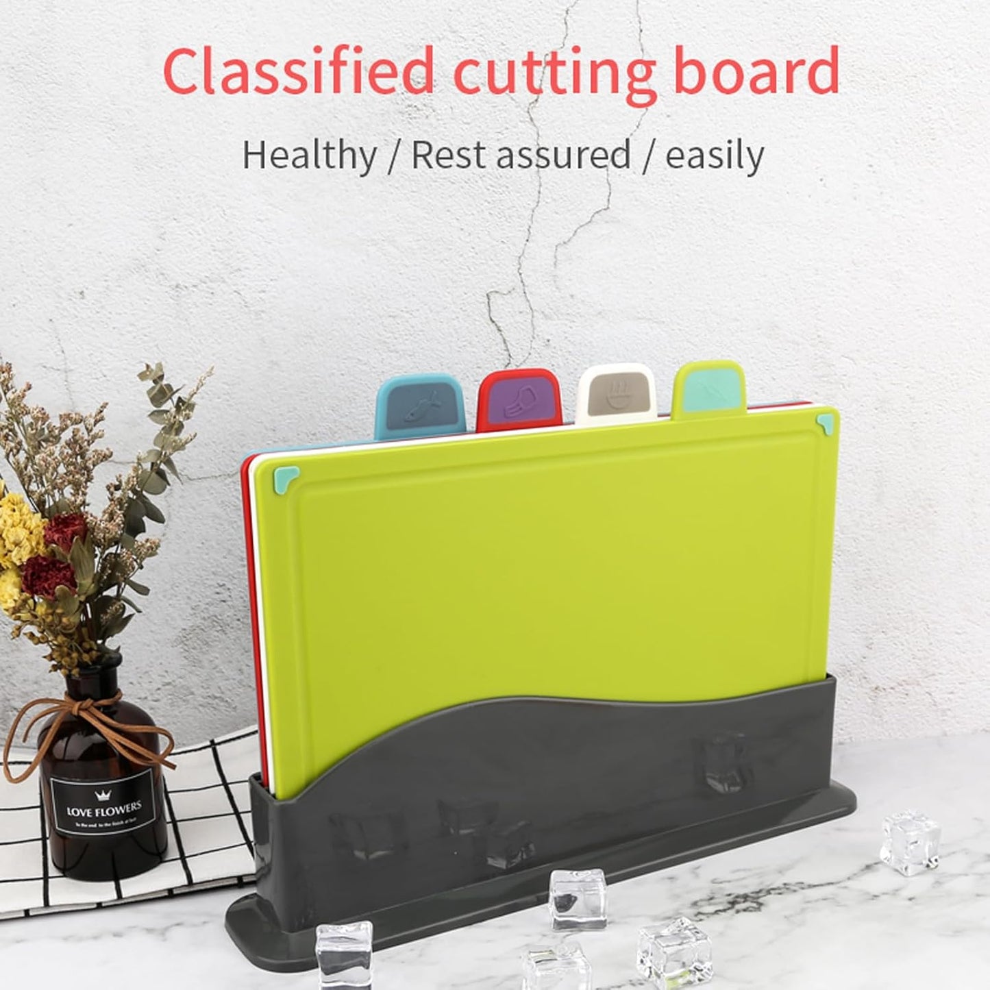 4-Piece Colorful Plastic Cutting Board Set with Storage Stand | Color-Coded | Non-Slip | Dishwasher Safe | Durable Large Food Chopping Boards